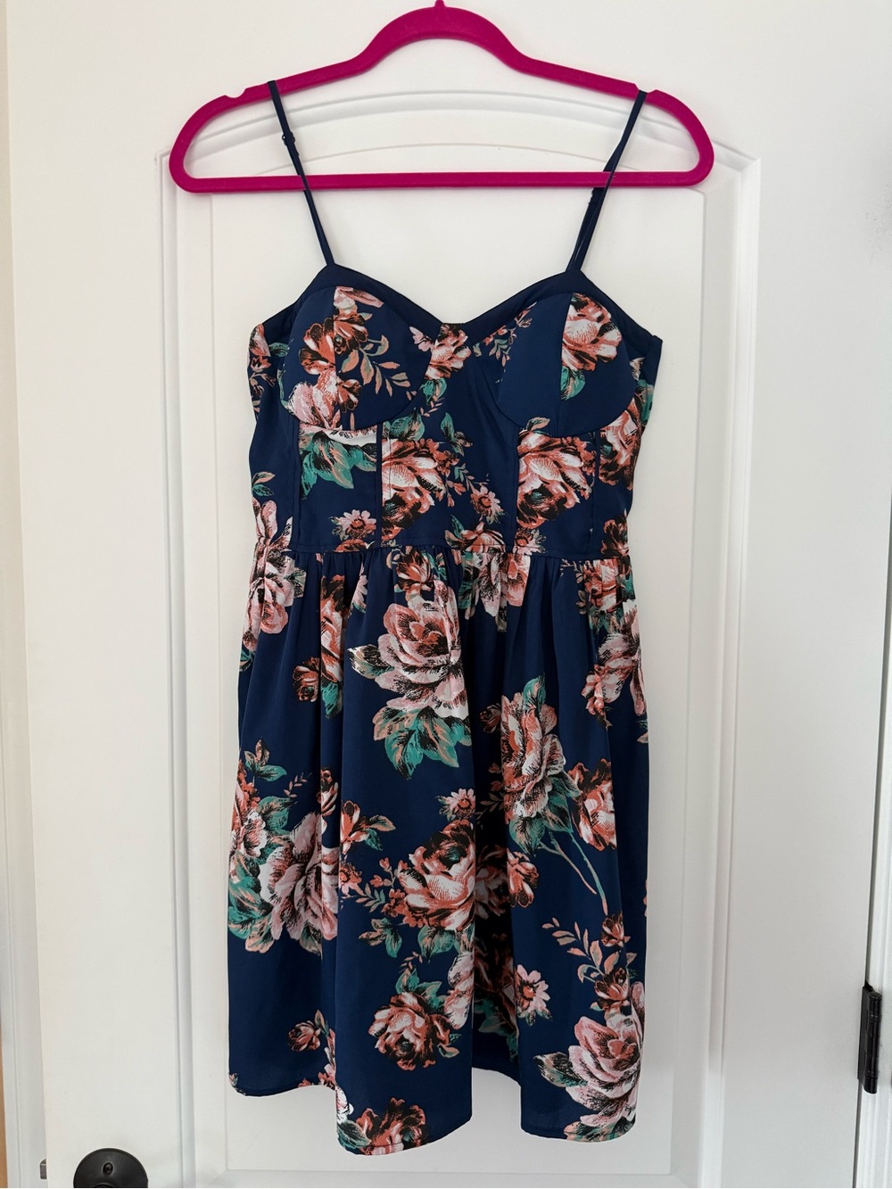 Band of Gypsies Navy Dress with Pink and Teal Floral Trim